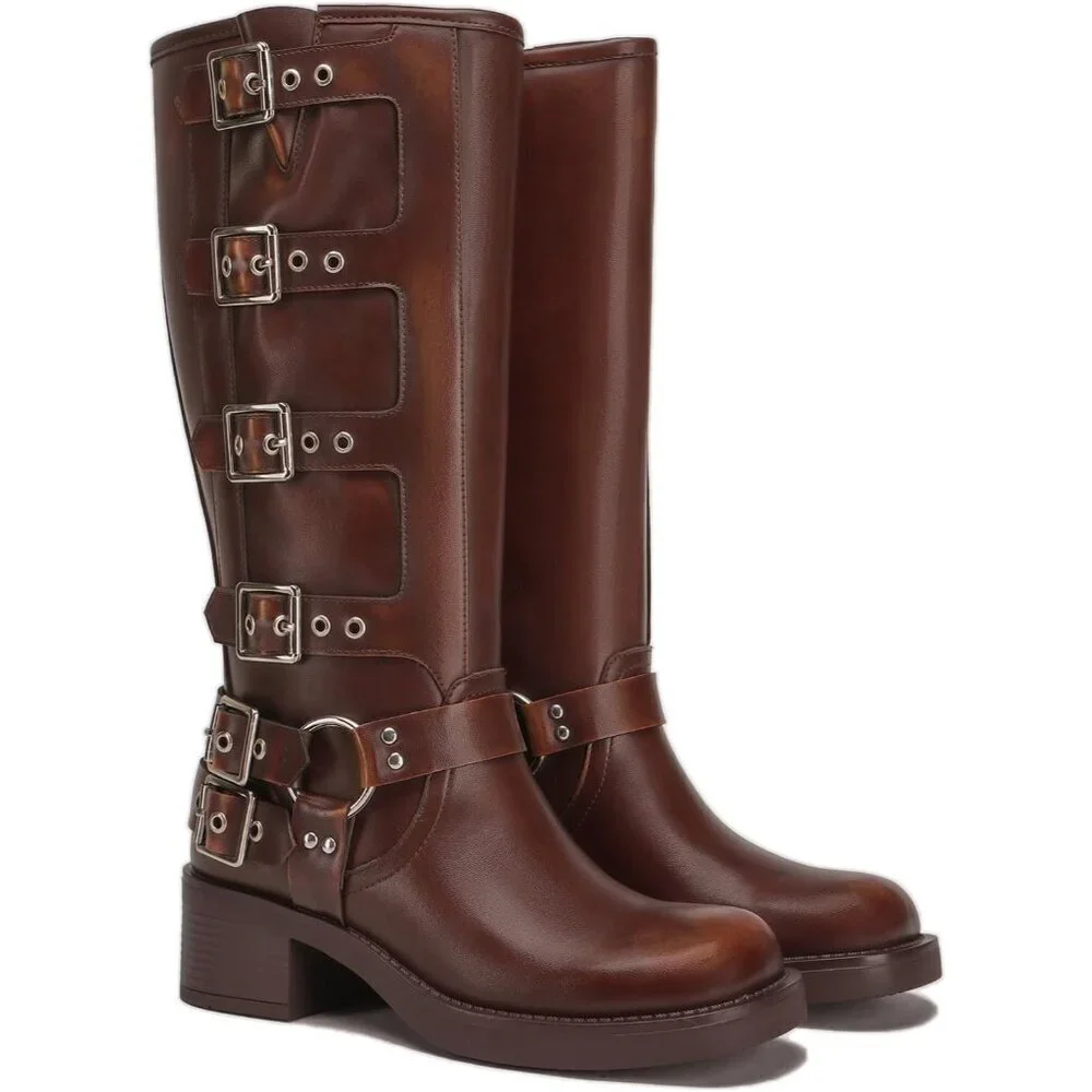 🆕Women's Polyurethane Brown Squared Toe Knee High Tall Riding Motorcycle Boots